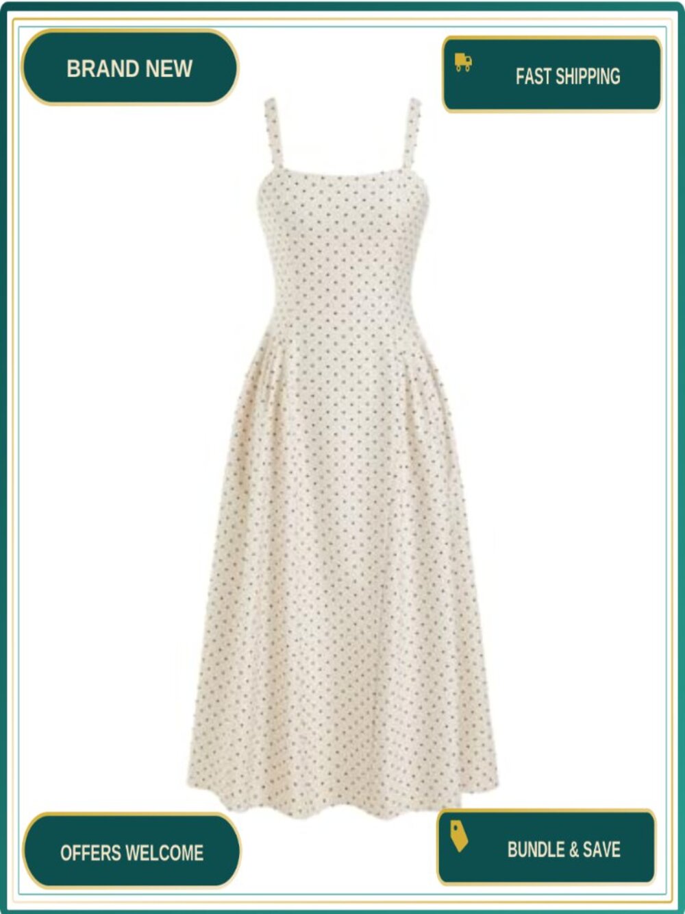 Womens Polka Dot Casual Midi Dress Square Neck Sleeveless A-Line with Pockets